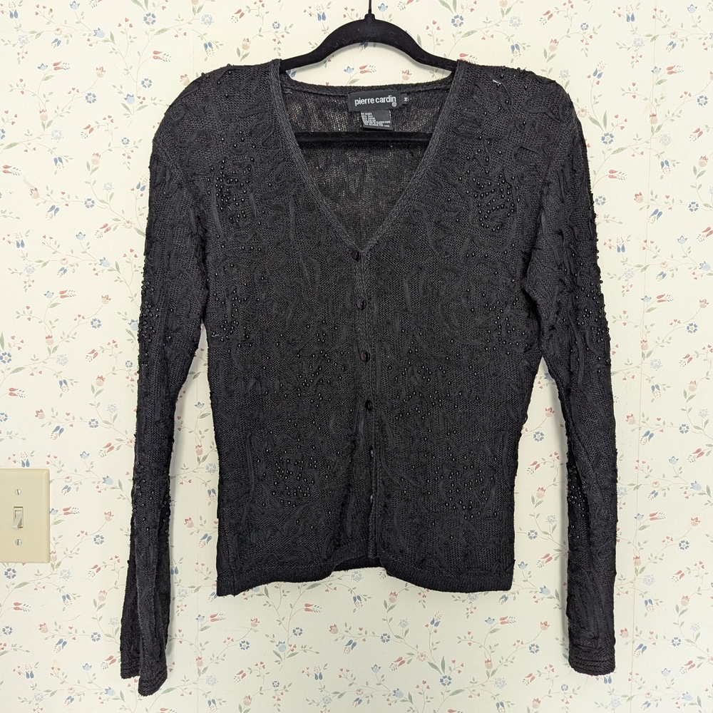 🖤 Vintage Pierre Sweater Cardin Charcoal Women's Cardigan Shoulder Pads 1980